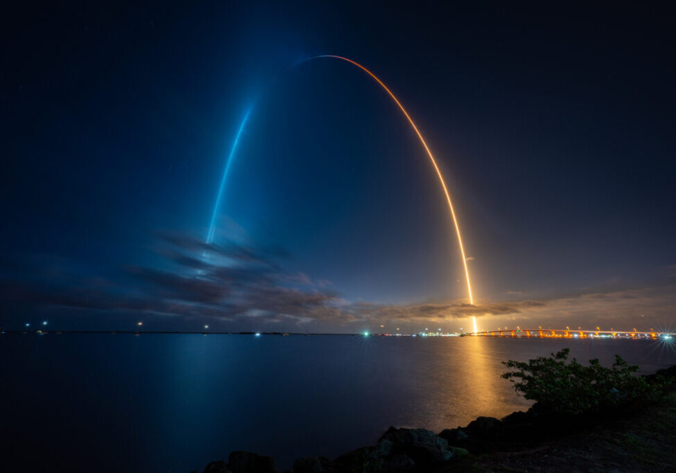 Long exposure of the Crew-2 launch from Kennedy Space Center as viewed from Marina Park in Titusville, Florida over the Indian River.