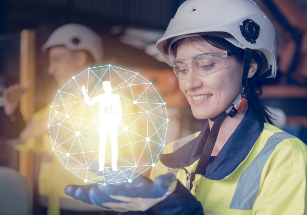 industry engineer worker with holographic AI man assistant graphics at hand for help working concept