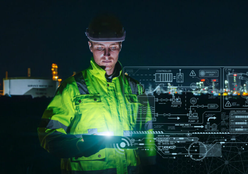Modern technology oil and gas refinery engineer worker using advance digital device monitor service in petroleum industry pipe plant.