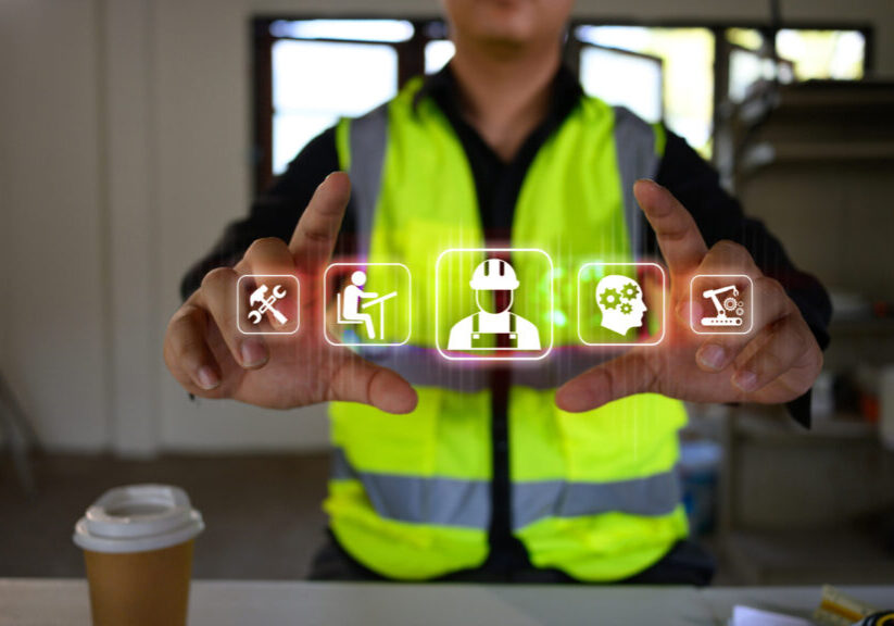 Engineer using futuristic interface for project planning and management at a construction site.